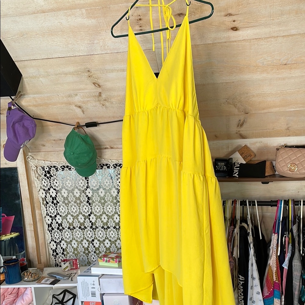 EUC-Toly(?)- Yellow Strappy- Tie Back- Hi-Low Halter Summer Dress- Sz Large/XL